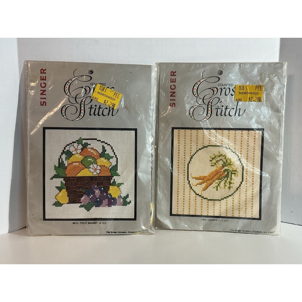 2 NEW Vtg Singer Counted Cross Stitch Kits Fruit Basket & Carrots